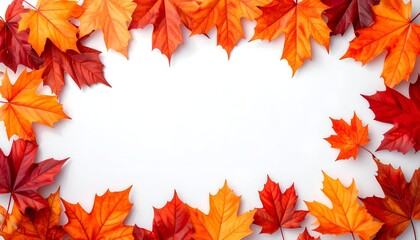 Autumn maple leaves arranged in a vibrant border on a white background