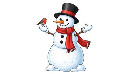 Charming snowman wearing a vibrant striped scarf and top hat brings winter holiday cheer for festive designs and seasonal promotions