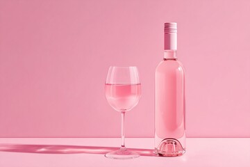 Rose wine bottle and glass on monochrome pink background