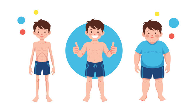 Illustration showing a boy with different body types, from underweight to overweight.