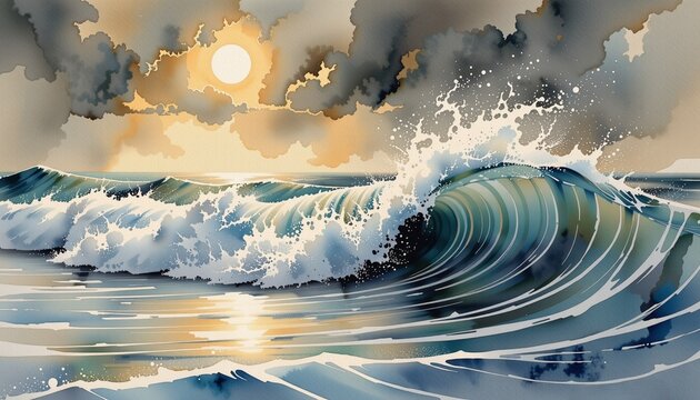 swirling waves, delicate mist, and the faint shimmer of distant storm reflections, The watercolor technique lends a fluid.