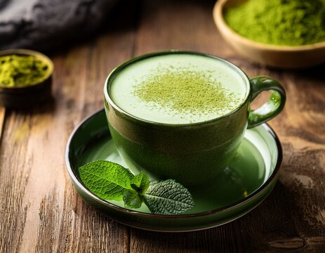 delicious matcha latte with mint and fine powder on a rustic table