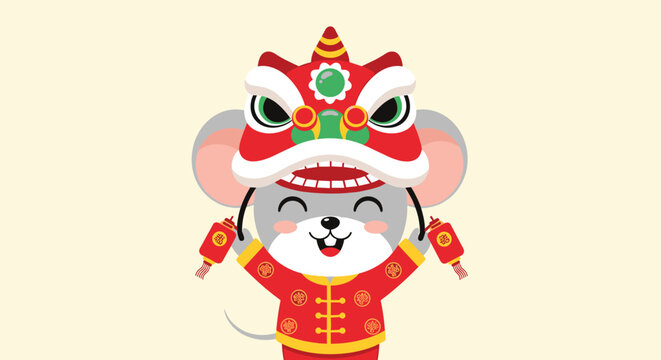 Cute cartoon mouse wearing a lion dance costume and holding red lanterns, celebrating Chinese New Year.