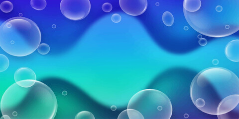 Abstract blue background with transparent water bubbles and light reflection