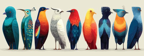 Hand-Drawn Birds with Colorful Feathers.