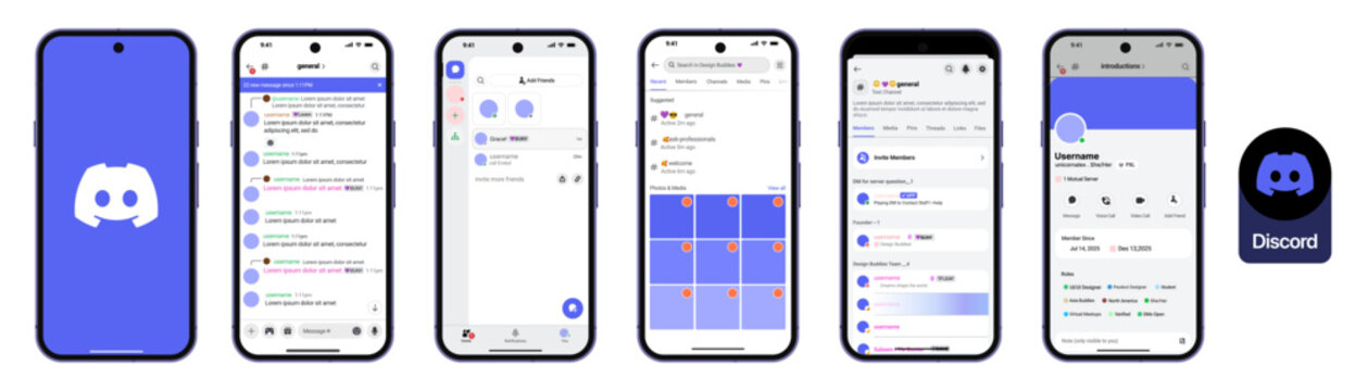 Discord chat app UI mockup displaying Discord servers, Discord message interface, and community layout for digital communication