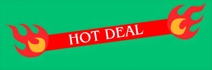 Hot Deal Promotional Banner With Flames – Red Ribbon Sale Design On Green Background.