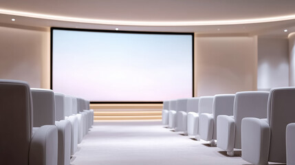 現代的なデザインの空の会議室：プレゼンテーション用大型スクリーンと白い座席