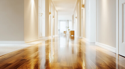 光沢のある木製フローリングが広がる明るい現代的なホールの風景