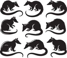 Set of silhouette possum animals transparent