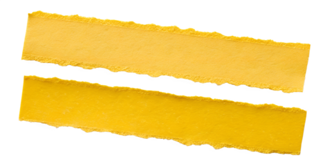 Two yellow paper strips with torn edges are isolated for design elements on a transparent background, providing textured copy space.