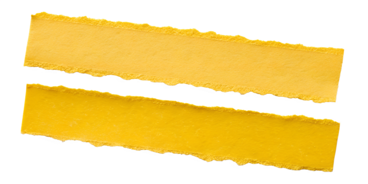 Two yellow paper strips with torn edges are isolated for design elements on a transparent background, providing textured copy space.