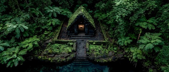 A small hut is in the middle of a forest