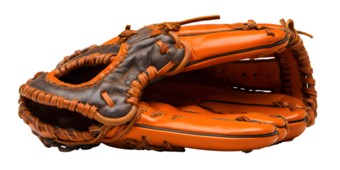 Close up of an orange leather baseball glove on a black background