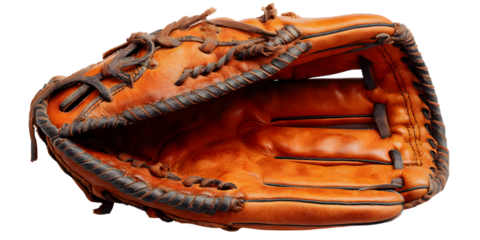 Close up of an old leather baseball glove on a black background