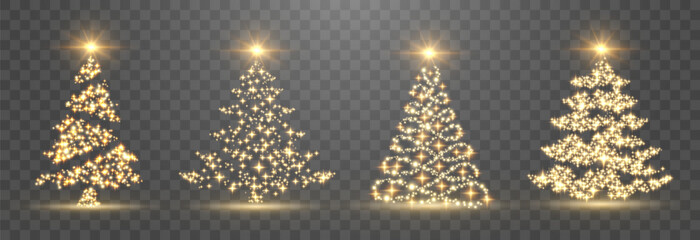 Plakat Vector Christmas tree made of glowing lights. Bright shiny Christmas light. Glittering lights in the form of a Christmas tree. Gold glowing spruce luxurious design. Vector on png background.