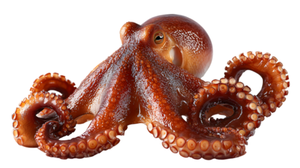 Close up of a cooked octopus with tentacles spread on a black background