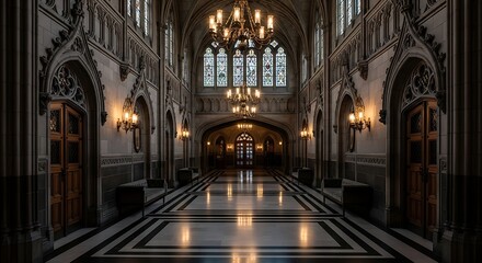 Grand hall with ornate gothic architecture, featuring a long corridor with a polished floor and a large chandelier