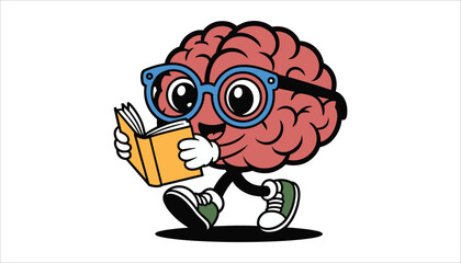 Cartoon brain character wearing glasses reading a book and walking vector