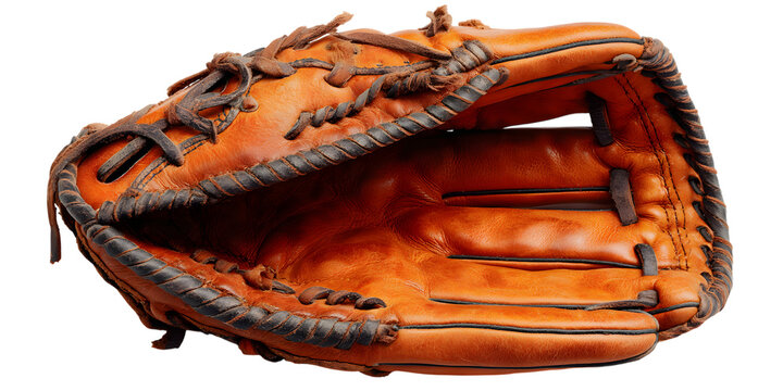 Close up of an old leather baseball glove on a black background