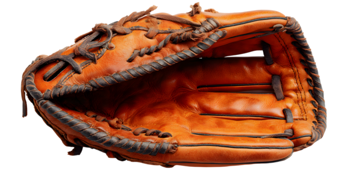 Close up of an old leather baseball glove on a black background