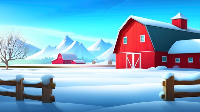 Picturesque winter scene featuring a red barn and snow-covered fields under a clear blue sky. Ideal for seasonal, rural, and agricultural themes.