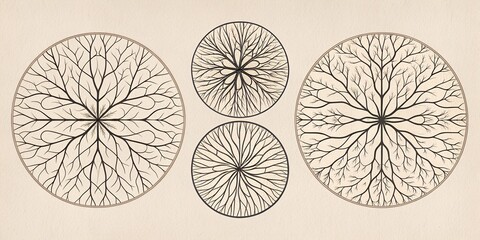 Minimalist vector illustration of four circular abstract line patterns resembling organic or neural structures. Each circle features unique radial designs made of thin branching or web-like lines.