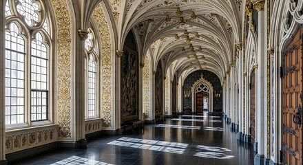 Obraz premium A stunning hallway in a historic building, featuring intricate architectural details, ornate decorations, and natural light streaming through windows