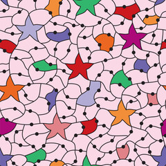 An abstract seamless mosaic of different shapes in warm pink, violet, orange and red, green hues, perfect for dynamic and modern backgrounds in various creative projects.