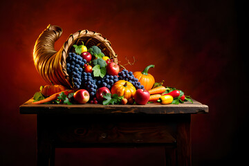 Dramatic Still Life of a Woven Cornucopia Overflowing with Autumn Harvest Produce on a Rustic Wooden Table