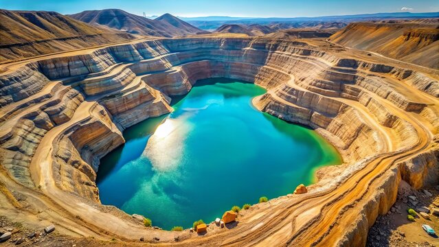 Vast open-pit mine in rugged desert mountains, showcasing striking water pool at quarry bottom, contrasting natural beauty