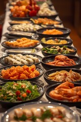 Top view of delicious sushi and rolls with fresh fish and green peas served on wooden table in light cafe