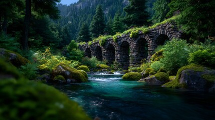 Enchanting stone arch bridge over a flowing river in a lush, sun-dappled forest, serene natural beauty.