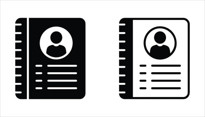 Two black and white icons of address books with person silhouette contact list notebook