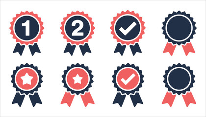 Set of eight award ribbons with numbers checkmarks and stars medal badge