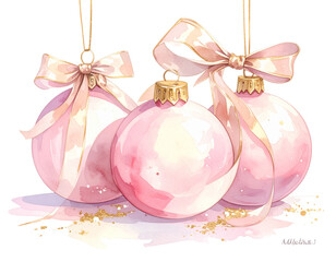 Soft Watercolor Christmas Baubles in Blush Pink with Golden Ribbon Accents, Artistic Composition, Isolated PNG. And transparent the background.