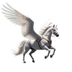 Obraz premium Majestic White Winged Horse Pegasus Flying With Open Wings And Leather Harness mythical