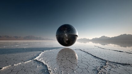 Cosmic sphere levitating over cracked earth desert landscape under clear sky, ethereal and surreal vista