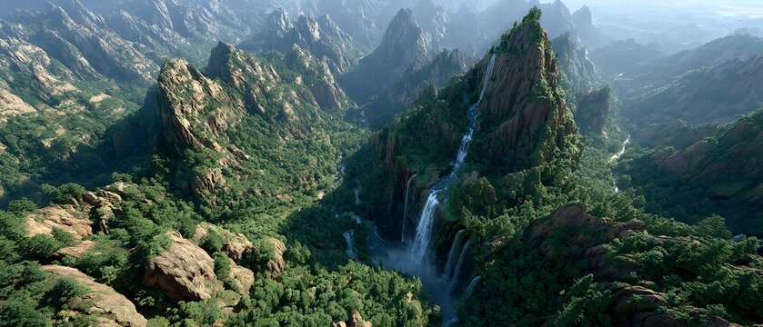 A mountain range with a waterfall in the middle