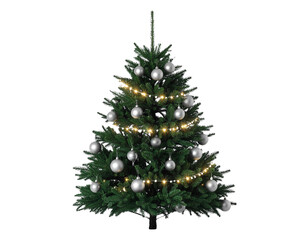  Minimalist Pine Tree with Silver Baubles and Warm Lights, Modern Scandinavian Style, Isolated PNG q.