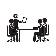 Stick Figure Pictogram of a Business Meeting with a Manager Leading a Team Discussion in the Office
