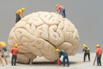 Miniature construction workers building and repairing a human brain. Conceptual image of brain development, mental health, and the process of learning and problem-solving.