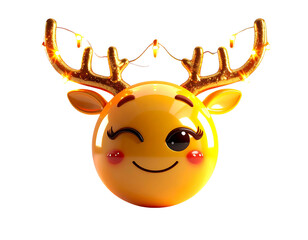 Winking Emoji with Reindeer Antlers and Sparkling Lights, 3D Glossy Render, Isolated PNG,And transparent the background.