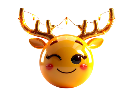 Winking Emoji with Reindeer Antlers and Sparkling Lights, 3D Glossy Render, Isolated PNG,And transparent the background.