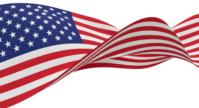 A waving american flag with stars and stripes view on transparent background, png