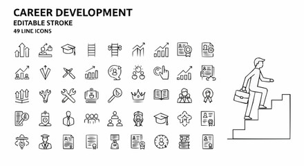 Collection of career development line icons showing growth, skill improvement, and professional advancement