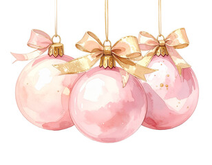  Soft Watercolor Christmas Baubles in Blush Pink with Golden Ribbon Accents, Artistic Composition, Isolated PNG,And transparent the background.