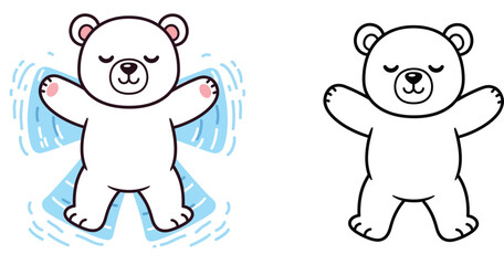 Cute Sleeping Cartoon Polar Bear Making a Snow Angel - Simple Hand Drawn Vector Illustration