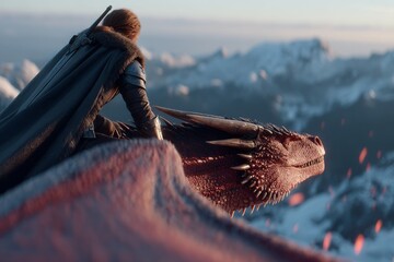 warrior riding a massive crimson dragon above volcanic mountains