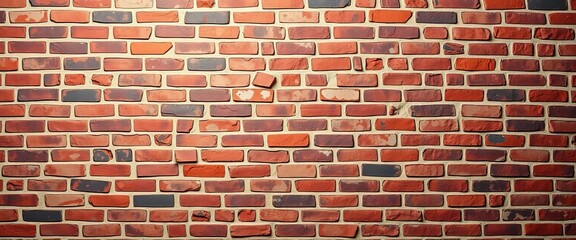 Fototapeta premium Rough-textured brick wall, varying shades of red and brown, detail, interior